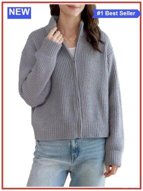 Mock Neck Zip Up Cardigan Sweater Jacket with Pockets